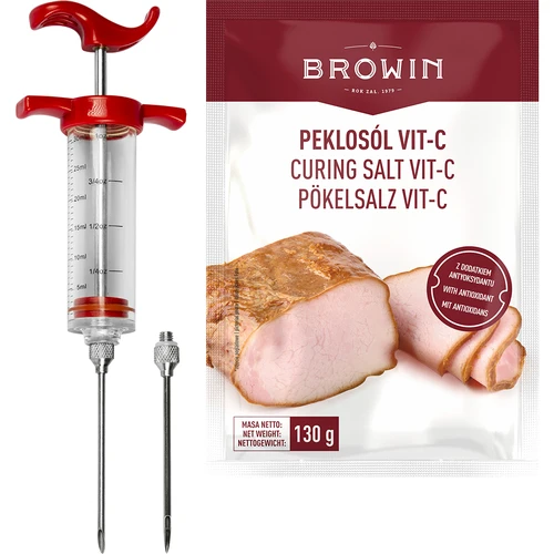 Injector 30 ml + 2 needles + curing salt with vitamin C  - 1 ['homemade processed meat', ' smoking', ' homemade products', ' homemade product', ' processed meat', ' white sausage', ' sausage smoking', ' sausage', ' processed meat', ' self-made products', ' curing', ' injecting', ' injector', ' curing brine', ' brine', ' tenderiser for steaks', ' meat tenderiser', ' curing salt with vitamin C.']