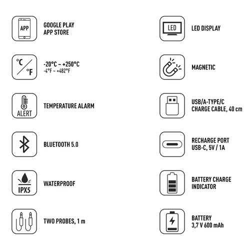 Kitchen thermometer with Bluetooth, 2 probes - 8 ['cooking thermometer', ' food thermometer', ' for cooking', ' for smoking', ' for baking', ' meat thermometer', ' cake thermometer', ' bluetooth thermometer', ' universal thermometer', ' best cooking thermometer', ' thermometer with probe', ' thermometer with app', ' gift idea']