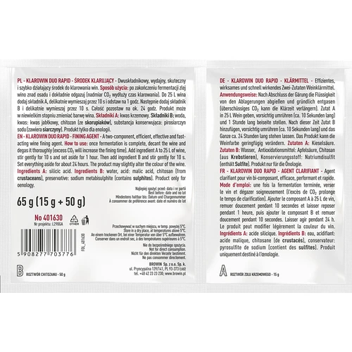 Klarowin Turbo 2 fining agent, 65 g - 2 ['Clarifier', ' for the clarification of wines', ' clarifying agent', ' agent for turbidity in wine', ' chitosan for clarification', ' silica for clarification', ' clarifying agent 24 h']