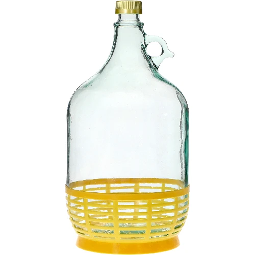 Lady demijohn 5 L with a screw cap, with a plastic basket (white glass, golden screw cap)  - 1 