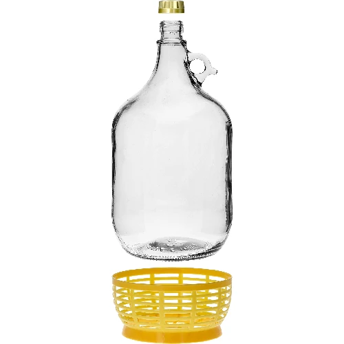 Lady demijohn 5 L with a screw cap, with a plastic basket (white glass, golden screw cap) - 2 