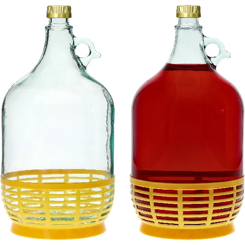 Lady demijohn 5 L with a screw cap, with a plastic basket (white glass, golden screw cap) - 3 