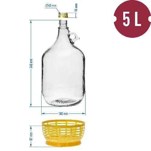 Lady demijohn 5 L with a screw cap, with a plastic basket (white glass, golden screw cap) - 9 