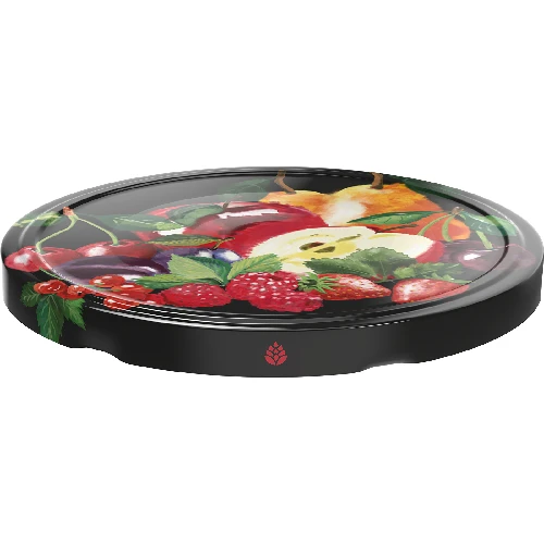 Lid Ø82/6 black, fruit drawings - 10 pcs - 2 ['lids', ' jars', ' jam lids', ' storage', ' jar lids', ' seasonal fruit', ' jar lids for jars', ' Ø82 lids', ' safety button lids']