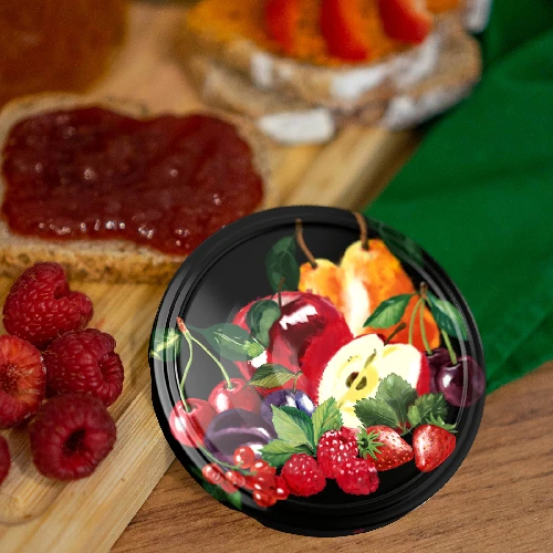 Lid Ø82/6 black, fruit drawings - 10 pcs - 6 ['lids', ' jars', ' jam lids', ' storage', ' jar lids', ' seasonal fruit', ' jar lids for jars', ' Ø82 lids', ' safety button lids']