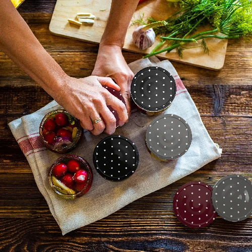 Lid Ø82/6 polka dot mix - 10 pcs - 9 ['jar lids', ' lids with safety button', ' jar lids', ' TO lids', ' twist-off lids', ' Ø82 lids', ' polka dot lids', ' dotted lids', ' Ø82 lids', ' 6-catch lids', ' browin lids']