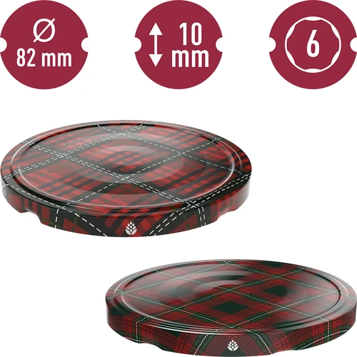 Lid Ø82/6 tartan mix,10 pcs - 2 ['jar lids', ' lids with safety button', ' jar lids', ' TO lids', ' twist-off lids', ' Ø82 lids', ' tartan pattern lids', ' Ø82/6 lids', ' 6-catch lids', ' Browin lids']