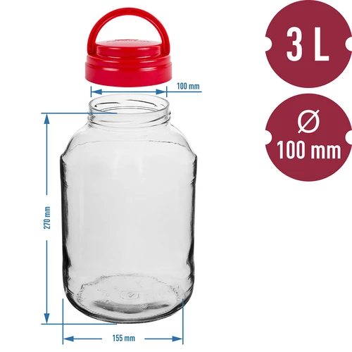 Liquor jar 3 L and cap Ø 100 with handle - 6 ['jar', ' glass jar', ' jar with lid', ' jar for pickled cucumbers', ' jar for cucumbers', ' liqueur jar', ' jar for liqueurs', ' ar with handle', ' screw top jar with handle']