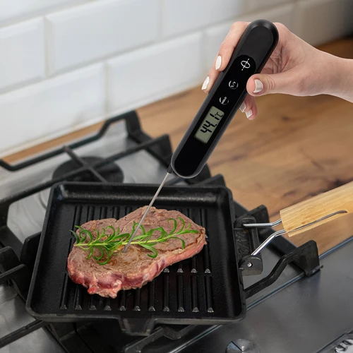 Manually charged electronic kitchen thermometer - 11 ['electronic thermometer', ' food thermometer', ' cooking thermometer', ' manual thermometer', ' manually charged thermometer', ' precision thermometer with probe', ' accurate thermometer for cooking', ' battery-free thermometer', ' thermometer for frying']