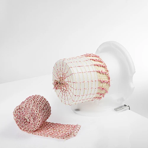 Meat netting (220C)18cm, elastic, red/cream-colored - 3m - 3 ['ham netting', ' food netting', ' cold meat netting', ' netting for meat smoking', ' netting for curing meats']