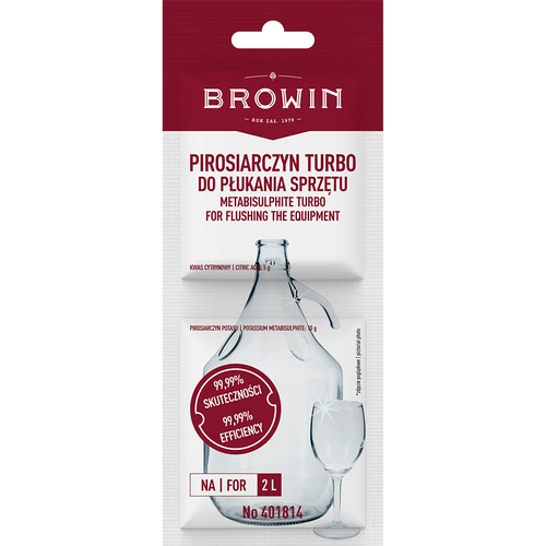 Metabisulphite Turbo for flushing the equipment, 15 g  - 1 ['wine equipment washing', ' wine equipment rinsing', ' washing demijohn', ' rinsing of demijohns', ' washing fermentation containers', ' disinfection of wine equipment', ' disinfection of wine equipment', ' disinfection of wine equipment', ' rinsing of wine demijohns', ' rinsing of wine containers', ' preparation for wine making', ' wine equipment', ' wine accessories', ' securing the fermentation process', ' safe fermentation of wine', ' home winemaking', ' home wine']