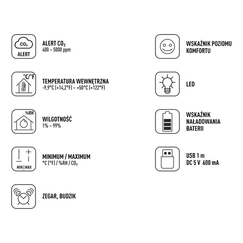 Multifunctional air quality sensor - 7 ['air quality sensor', ' air sensor', ' air sensors', ' air sensor', ' thermometer', ' humidity measurement', ' CO₂ concentration', ' carbon dioxide concentration', ' CO₂ sensor', ' alarm clock', ' alarm timer', ' air comfort level']