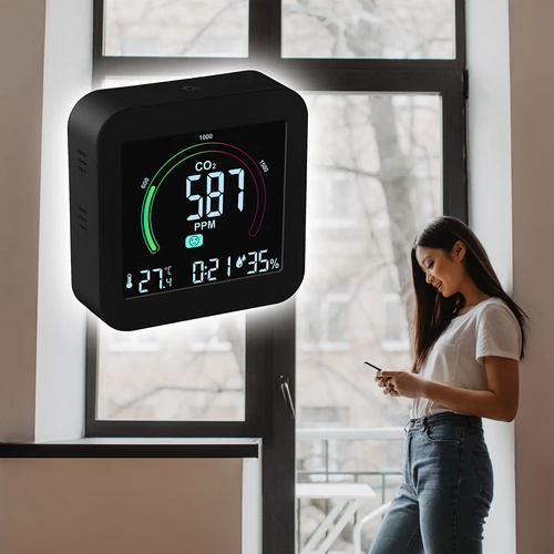 Multifunctional air quality sensor - 9 ['air quality sensor', ' air sensor', ' air sensors', ' air sensor', ' thermometer', ' humidity measurement', ' CO₂ concentration', ' carbon dioxide concentration', ' CO₂ sensor', ' alarm clock', ' alarm timer', ' air comfort level']