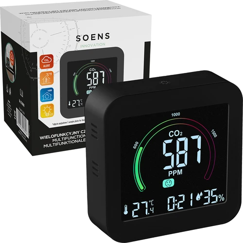 Multifunctional air quality sensor - 5 ['air quality sensor', ' air sensor', ' air sensors', ' air sensor', ' thermometer', ' humidity measurement', ' CO₂ concentration', ' carbon dioxide concentration', ' CO₂ sensor', ' alarm clock', ' alarm timer', ' air comfort level']