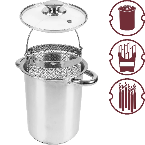 Multifunctional stock pot with basket - 3 ['tall pot for a pressure ham cooker', ' pressure ham cooker dishes', ' pressure ham cooker', ' pressure ham cooker pot', ' basket for vegetable cooking', ' basket for French fries', ' multi-purpose pot for scalding meat and processed meat']