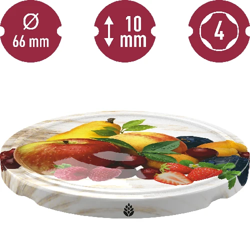 Ø66/4 twist-off lid, fruit on white background - 10 pcs - 3 ['twist-off lids for jars', ' lids for jars', ' jar lids', ' fruit pattern lids', ' lids with fruit', ' decorative jar lids', ' jar lids with 4 catches', ' lids with safety button', ' jam lids', ' fruit preserve lids', ' stewed fruit drink lids']