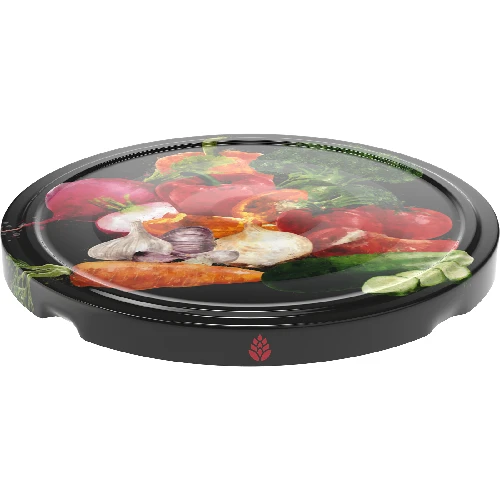 Ø66/4 twist-off lid, vegetables on black background, 10 pcs - 2 ['Twist-off lids for jars', ' lids for jars', ' jar lids', ' vegetable pattern lids', ' lids with vegetables', ' colourful jar lids', ' decorative lids', ' lids with decoration', ' lids with safety button', ' lids for pasteurisation', ' black twist-off lids', ' black lids']