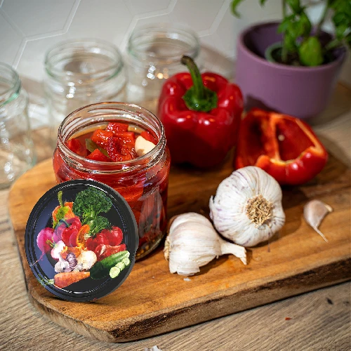 Ø66/4 twist-off lid, vegetables on black background, 10 pcs - 5 ['Twist-off lids for jars', ' lids for jars', ' jar lids', ' vegetable pattern lids', ' lids with vegetables', ' colourful jar lids', ' decorative lids', ' lids with decoration', ' lids with safety button', ' lids for pasteurisation', ' black twist-off lids', ' black lids']