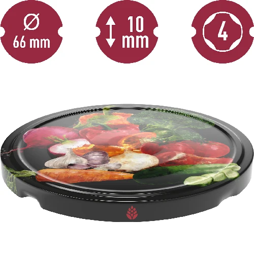 Ø66/4 twist-off lid, vegetables on black background, 10 pcs - 3 ['Twist-off lids for jars', ' lids for jars', ' jar lids', ' vegetable pattern lids', ' lids with vegetables', ' colourful jar lids', ' decorative lids', ' lids with decoration', ' lids with safety button', ' lids for pasteurisation', ' black twist-off lids', ' black lids']