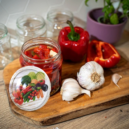 Ø66/4 twist-off lid, vegetables on white background - 10 pcs - 5 ['twist-off lids for jars', ' lids for jars', ' jar lids', ' vegetable pattern lids', ' lids with vegetables', ' colourful jar lids', ' decorative lids', ' lids with decoration', ' lids with safety button', ' lids for pasteurisation']