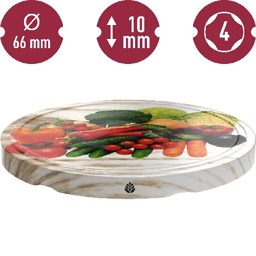 Ø66/4 twist-off lid, vegetables on white background - 10 pcs - 3 ['twist-off lids for jars', ' lids for jars', ' jar lids', ' vegetable pattern lids', ' lids with vegetables', ' colourful jar lids', ' decorative lids', ' lids with decoration', ' lids with safety button', ' lids for pasteurisation']