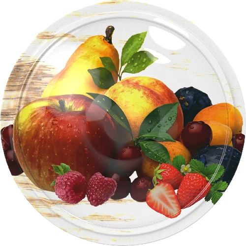 Ø82/6 twist-off lid, fruit on white background - 10 pcs  - 1 ['twist-off lids for jars', ' lids for jars', ' jar lids', ' fruit pattern lids', ' lids with fruit', ' decorative jar lids', ' jar lids with 6 catches', ' lids with safety button', ' jam lids', ' fruit preserve lids', ' stewed fruit drink lids']