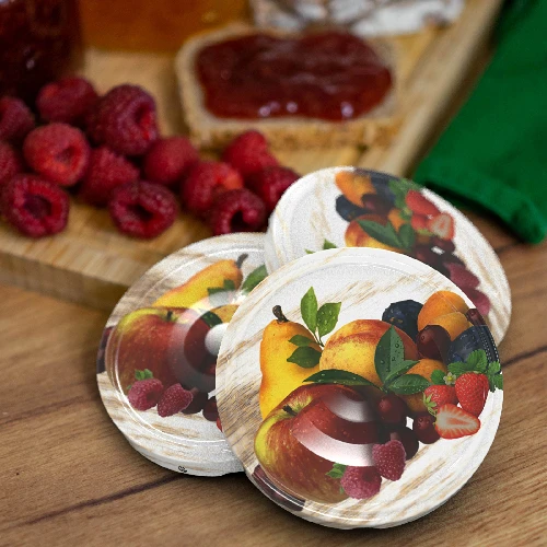 Ø82/6 twist-off lid, fruit on white background - 10 pcs - 4 ['twist-off lids for jars', ' lids for jars', ' jar lids', ' fruit pattern lids', ' lids with fruit', ' decorative jar lids', ' jar lids with 6 catches', ' lids with safety button', ' jam lids', ' fruit preserve lids', ' stewed fruit drink lids']