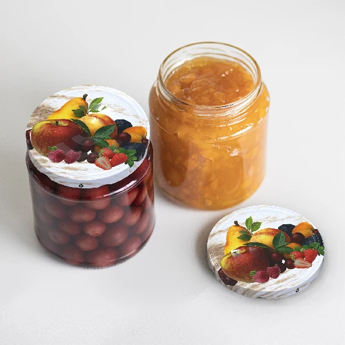 Ø82/6 twist-off lid, fruit on white background - 10 pcs - 5 ['twist-off lids for jars', ' lids for jars', ' jar lids', ' fruit pattern lids', ' lids with fruit', ' decorative jar lids', ' jar lids with 6 catches', ' lids with safety button', ' jam lids', ' fruit preserve lids', ' stewed fruit drink lids']