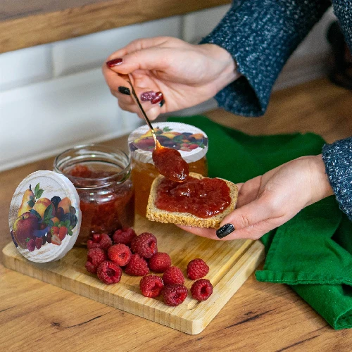 Ø82/6 twist-off lid, fruit on white background - 10 pcs - 6 ['twist-off lids for jars', ' lids for jars', ' jar lids', ' fruit pattern lids', ' lids with fruit', ' decorative jar lids', ' jar lids with 6 catches', ' lids with safety button', ' jam lids', ' fruit preserve lids', ' stewed fruit drink lids']