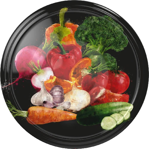 Ø82/6 twist-off lid, vegetables on black background, 10 pcs  - 1 ['Twist-off lids for jars', ' lids for jars', ' jar lids', ' vegetable pattern lids', ' lids with vegetables', ' colourful jar lids', ' decorative lids', ' lids with decoration', ' lids with safety button', ' lids for pasteurisation', ' black twist-off lids', ' black lids']