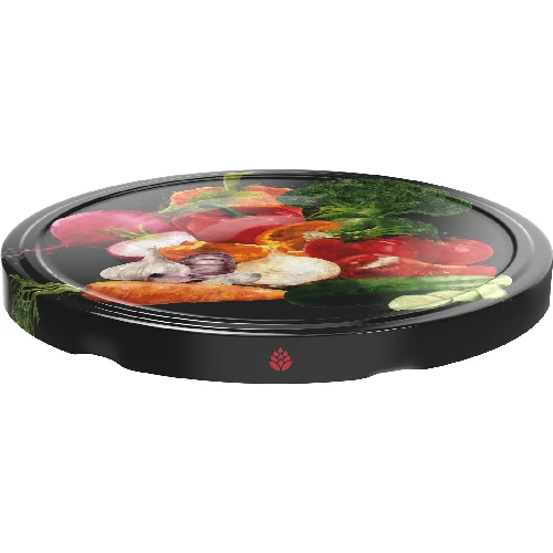 Ø82/6 twist-off lid, vegetables on black background, 10 pcs - 2 ['Twist-off lids for jars', ' lids for jars', ' jar lids', ' vegetable pattern lids', ' lids with vegetables', ' colourful jar lids', ' decorative lids', ' lids with decoration', ' lids with safety button', ' lids for pasteurisation', ' black twist-off lids', ' black lids']