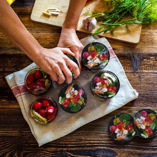 Ø82/6 twist-off lid, vegetables on black background, 10 pcs - 4 ['Twist-off lids for jars', ' lids for jars', ' jar lids', ' vegetable pattern lids', ' lids with vegetables', ' colourful jar lids', ' decorative lids', ' lids with decoration', ' lids with safety button', ' lids for pasteurisation', ' black twist-off lids', ' black lids']