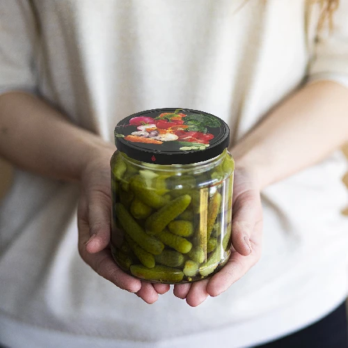 Ø82/6 twist-off lid, vegetables on black background, 10 pcs - 5 ['Twist-off lids for jars', ' lids for jars', ' jar lids', ' vegetable pattern lids', ' lids with vegetables', ' colourful jar lids', ' decorative lids', ' lids with decoration', ' lids with safety button', ' lids for pasteurisation', ' black twist-off lids', ' black lids']