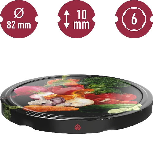 Ø82/6 twist-off lid, vegetables on black background, 10 pcs - 3 ['Twist-off lids for jars', ' lids for jars', ' jar lids', ' vegetable pattern lids', ' lids with vegetables', ' colourful jar lids', ' decorative lids', ' lids with decoration', ' lids with safety button', ' lids for pasteurisation', ' black twist-off lids', ' black lids']