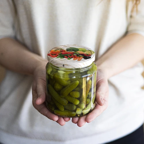 Ø82/6 twist-off lid, vegetables on white background - 10 pcs - 5 ['twist-off lids for jars', ' lids for jars', ' jar lids', ' vegetable pattern lids', ' lids with vegetables', ' colourful jar lids', ' decorative lids', ' lids with decoration', ' lids with safety button', ' lids for pasteurisation']