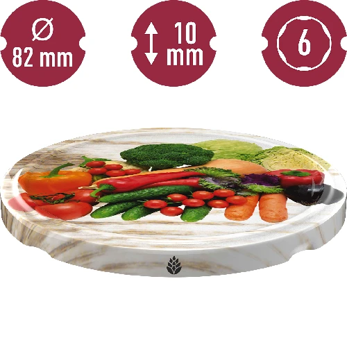 Ø82/6 twist-off lid, vegetables on white background - 10 pcs - 3 ['twist-off lids for jars', ' lids for jars', ' jar lids', ' vegetable pattern lids', ' lids with vegetables', ' colourful jar lids', ' decorative lids', ' lids with decoration', ' lids with safety button', ' lids for pasteurisation']