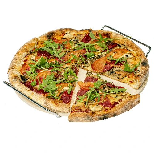 Pizza stone with stand and cutter, made of cordierite, round, 33 cm - 5 ['gift', ' homemade pizza', ' for baking pizza', ' for serving pizza', ' for baking bread', ' for baking buns']