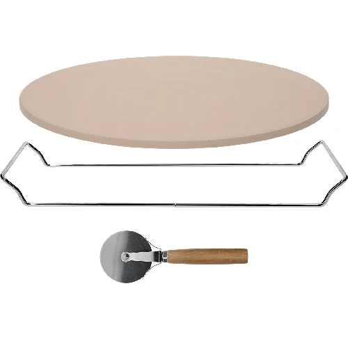 Pizza stone with stand and cutter, made of cordierite, round, 33 cm - 3 ['gift', ' homemade pizza', ' for baking pizza', ' for serving pizza', ' for baking bread', ' for baking buns']