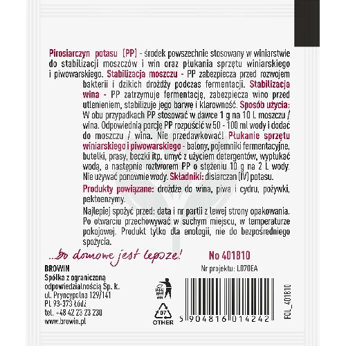 Potassium metabisulfite - 10g - 2 ['metabisulfite for wine', ' potassium metabisulfite for wine', ' potassium metabisulfite disinfection', ' potassium metabisulfite for disinfection', ' wine stabilization']