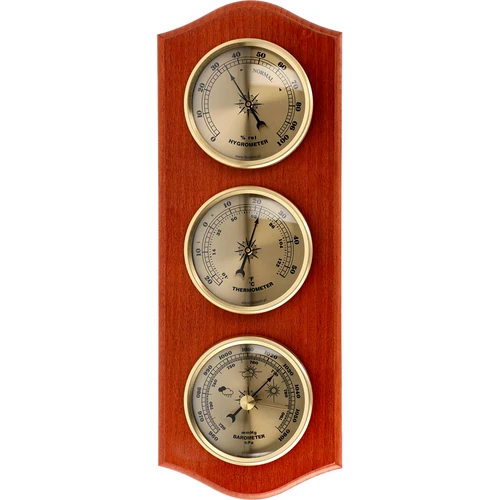 Retro weather station - mahogany colour with gold dials  - 1 ['retro weather station', ' temperature measurement', ' pressure', ' humidity', ' comfort at home', ' stylish weather station', ' three-in-one multi-functional weather station', ' elegant weather station', ' which weather station to choose', ' traditional weather station', ' weather station with wooden housing', ' weather station in mahogan colour', ' gift thermometer', ' pressure gauge', ' humidity level gauge', ' hygrometer', ' accurate thermometer', ' hygrometer with thermometer', ' weather station for wall', ' what to measure room temperature with', ' retro thermometer', ' wooden weather station', ' weather station with gold dials']