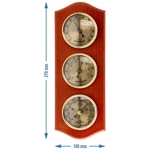 Retro weather station - mahogany colour with gold dials - 5 ['retro weather station', ' temperature measurement', ' pressure', ' humidity', ' comfort at home', ' stylish weather station', ' three-in-one multi-functional weather station', ' elegant weather station', ' which weather station to choose', ' traditional weather station', ' weather station with wooden housing', ' weather station in mahogan colour', ' gift thermometer', ' pressure gauge', ' humidity level gauge', ' hygrometer', ' accurate thermometer', ' hygrometer with thermometer', ' weather station for wall', ' what to measure room temperature with', ' retro thermometer', ' wooden weather station', ' weather station with gold dials']