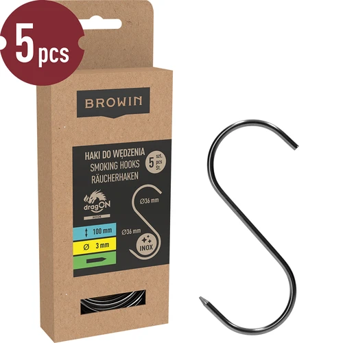 S-shaped hooks for smoking - 100 mm, Ø 3 mm, 5 pcs  - 1 ['hook for smoking', ' hook for smoking meat', ' hook for smoking processed meat', ' hook for processed meat', ' smoking hooks', ' stainless hooks', ' S-shaped smoking hooks', ' hook set', ' hooks for smoker', ' hooks for meat drying', ' hooks for cheese', ' classic hooks', ' hooks with conical tip']