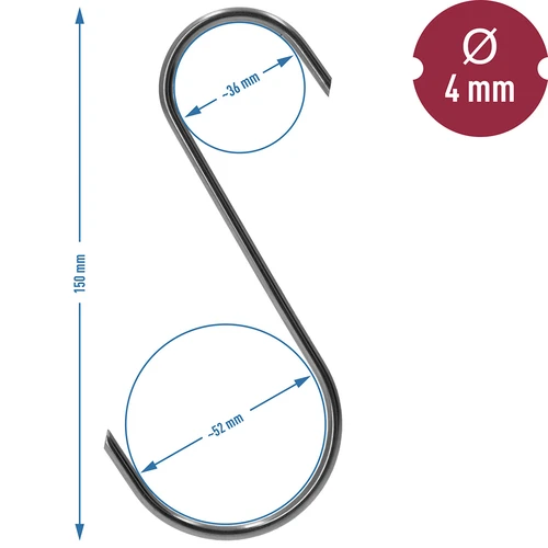 S-shaped hooks for smoking - 150 mm, fi 4 mm, 5 pcs. - 7 ['hook for smoking', ' hook for smoking meat', ' hook for smoking processed meat', ' hook for processed meat', ' smoking hooks', ' stainless hooks', ' S-shaped smoking hooks', ' hook set', ' hooks for smoker', ' hooks for meat drying', ' hooks for cheese', ' classic hooks', ' hooks with ends cut at an angle']