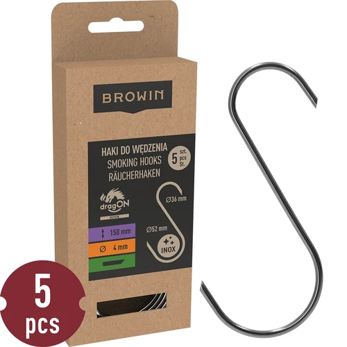 S-shaped hooks for smoking - 150 mm, fi 4 mm, 5 pcs.  - 1 ['hook for smoking', ' hook for smoking meat', ' hook for smoking processed meat', ' hook for processed meat', ' smoking hooks', ' stainless hooks', ' S-shaped smoking hooks', ' hook set', ' hooks for smoker', ' hooks for meat drying', ' hooks for cheese', ' classic hooks', ' hooks with ends cut at an angle']