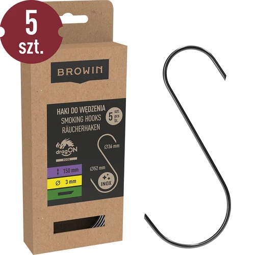 S-shaped hooks for smoking - 150 mm, Ø 3 mm, 5 pcs  - 1 ['hook for smoking', ' hook for smoking meat', ' hook for smoking processed meat', ' hook for processed meat', ' smoking hooks', ' stainless hooks', ' S-shaped smoking hooks', ' hook set', ' hooks for smoker', ' hooks for meat drying', ' hooks for cheese', ' classic hooks', ' hooks with conical tip']