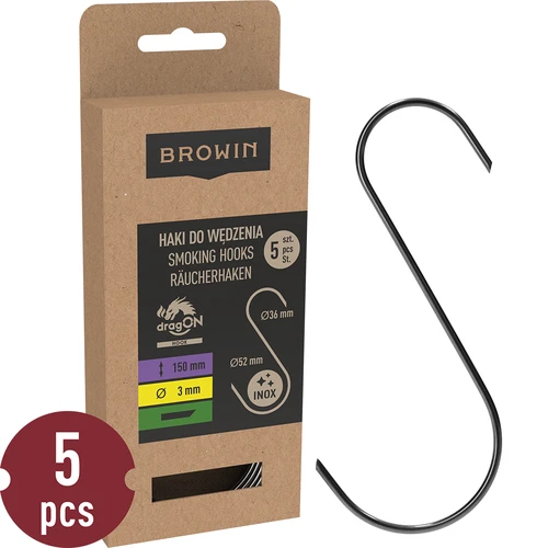 S-shaped hooks for smoking - 150 mm, Ø 3 mm, 5 pcs  - 1 ['hook for smoking', ' hook for smoking meat', ' hook for smoking processed meat', ' hook for processed meat', ' smoking hooks', ' stainless hooks', ' S-shaped smoking hooks', ' hook set', ' hooks for smoker', ' hooks for meat drying', ' hooks for cheese', ' classic hooks', ' hooks with conical tip']