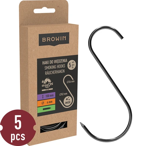 S-shaped hooks for smoking - 150 mm, Ø 4 mm, 5 pcs  - 1 ['hook for smoking', ' hook for smoking meat', ' hook for smoking processed meat', ' hook for processed meat', ' smoking hooks', ' stainless hooks', ' S-shaped smoking hooks', ' hook set', ' hooks for smoker', ' hooks for meat drying', ' hooks for cheese', ' classic hooks']