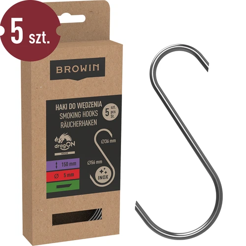 S-shaped hooks for smoking - 150 mm, Ø 5 mm, 5 pcs  - 1 ['hook for smoking', ' hook for smoking meat', ' hook for smoking processed meat', ' hook for processed meat', ' smoking hooks', ' stainless hooks', ' S-shaped smoking hooks', ' hook set', ' hooks for smoker', ' hooks for meat drying', ' hooks for cheese', ' classic hooks', ' hooks with conical tip']