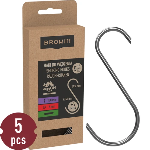 S-shaped hooks for smoking - 150 mm, Ø 5 mm, 5 pcs  - 1 ['hook for smoking', ' hook for smoking meat', ' hook for smoking processed meat', ' hook for processed meat', ' smoking hooks', ' stainless hooks', ' S-shaped smoking hooks', ' hook set', ' hooks for smoker', ' hooks for meat drying', ' hooks for cheese', ' classic hooks', ' hooks with conical tip']