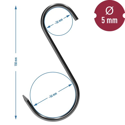 S-shaped hooks for smoking - sharpened - 150 mm, Ø 5 mm, 5 pcs - 7 ['hook for smoking', ' hook for smoking meat', ' hook for smoking processed meat', ' hook for processed meat', ' smoking hooks', ' stainless hooks', ' S-shaped smoking hooks', ' hook set', ' hooks for smoker', ' hooks for meat drying', ' hooks for cheese', ' classic hooks', ' hooks with conical tip']